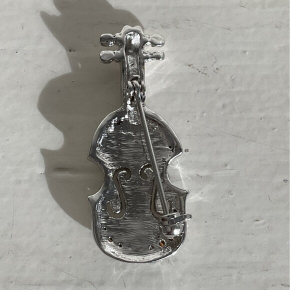 Silver Violin Brooch With Rhinestones Elegant Crystal Embellished Pin - Picture 2 of 3